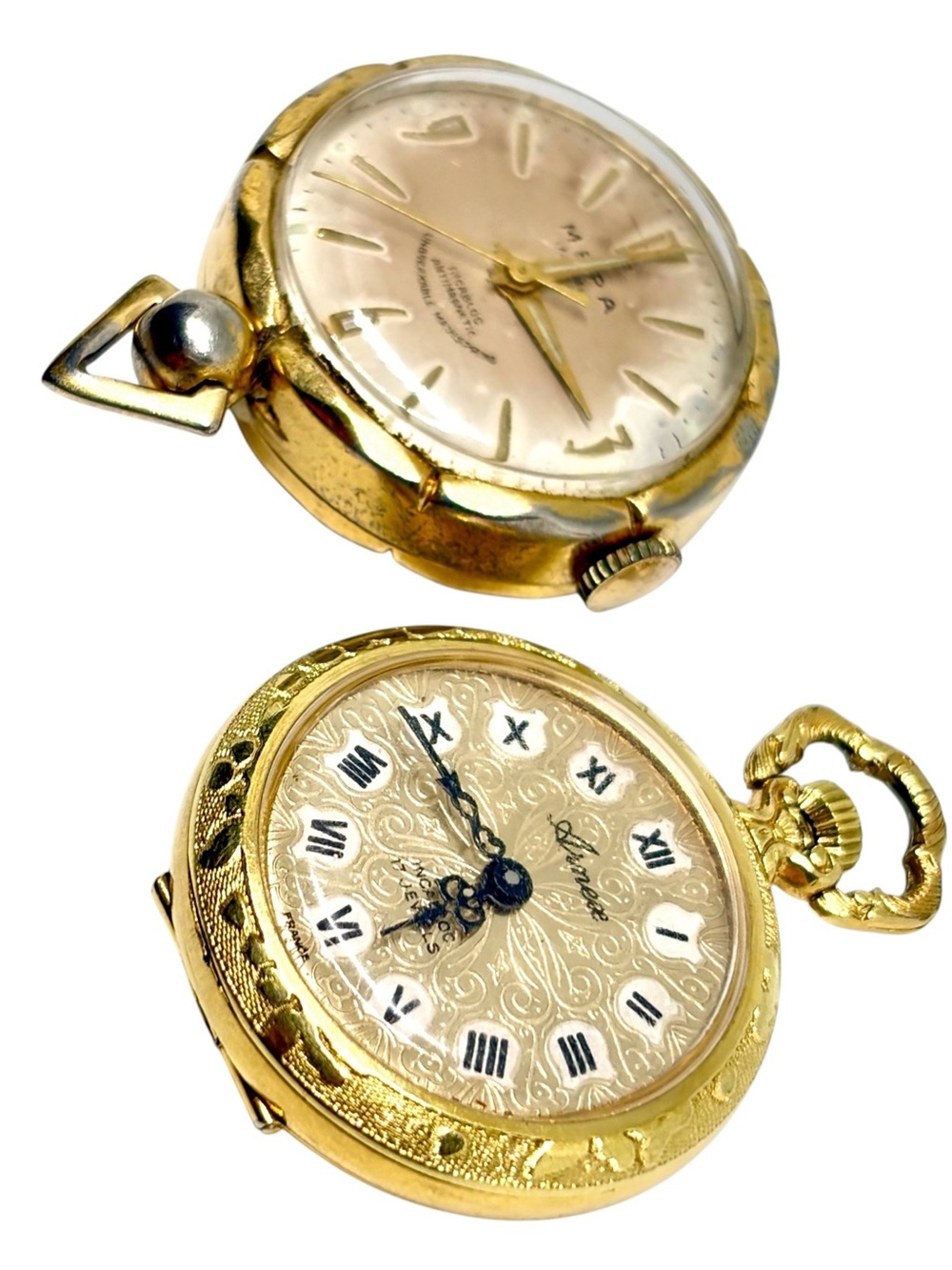 2 Vintage Gold Tone 17J Mechanical Wind Antique Pocket Watch Arnex Mepa RREPAIR